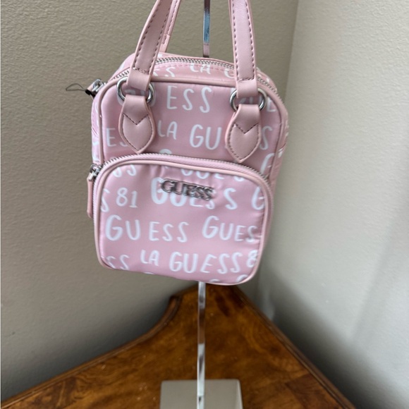 GUESS Pink And White Logo Nylon Mini Crossbody Backpack NWOT - Picture 1 of 7